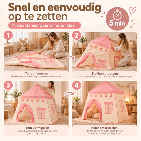 Bobbel Home - Speeltent XL - Met LED-verlichting - Speelkasteel - Roze Tent - Tent Voor Kinderen - Kindertent - Speelhuisje — cadeau in Spellen & Speelgoed - foto 8