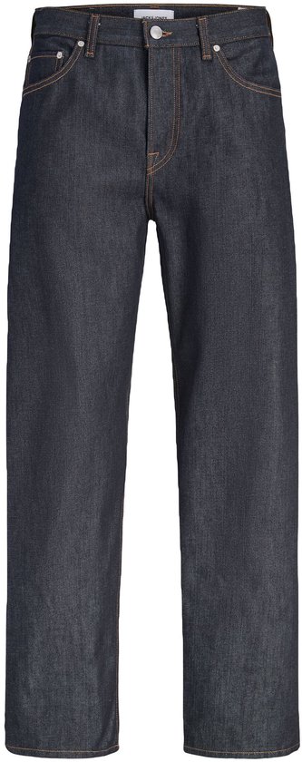 Donkerblauwe straight fit jeans met ritssluiting, knoopsluiting en oranje stiksels.