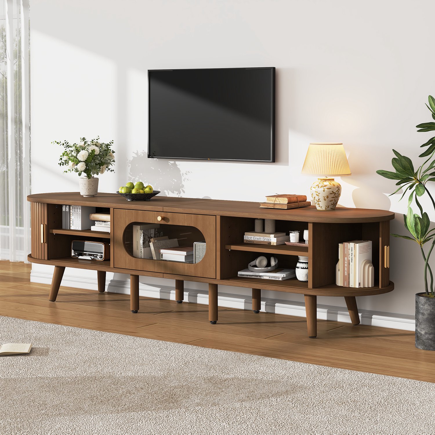 OKWISH Tv-Meubel - 2 Roldeuren en 1 Lade - Voor de Woonkamer en Tv's tot 70 Inch - MDF in Walnootkleur - 170 x 40 x 43 cm