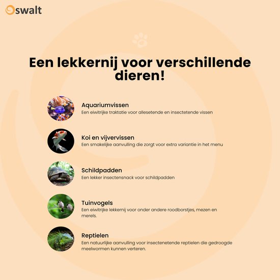 Lijst met diersoorten die Oswalt meelwormen kunnen eten, inclusief vis, schildpadden, vogels en reptielen.