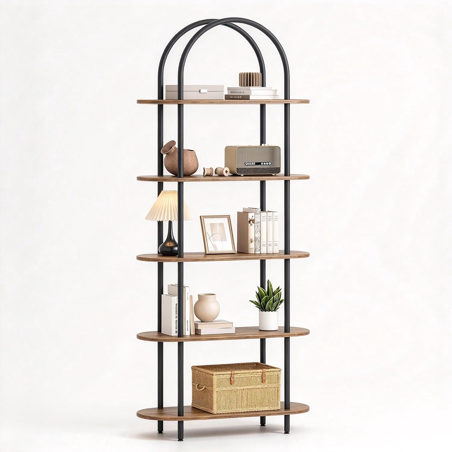 HOERFURIY Vrijstaande boog boekenkast 5 niveaus, metaal frame houten rek 180 cm voor woonkamer en slaapkamer zwart en retro kleur