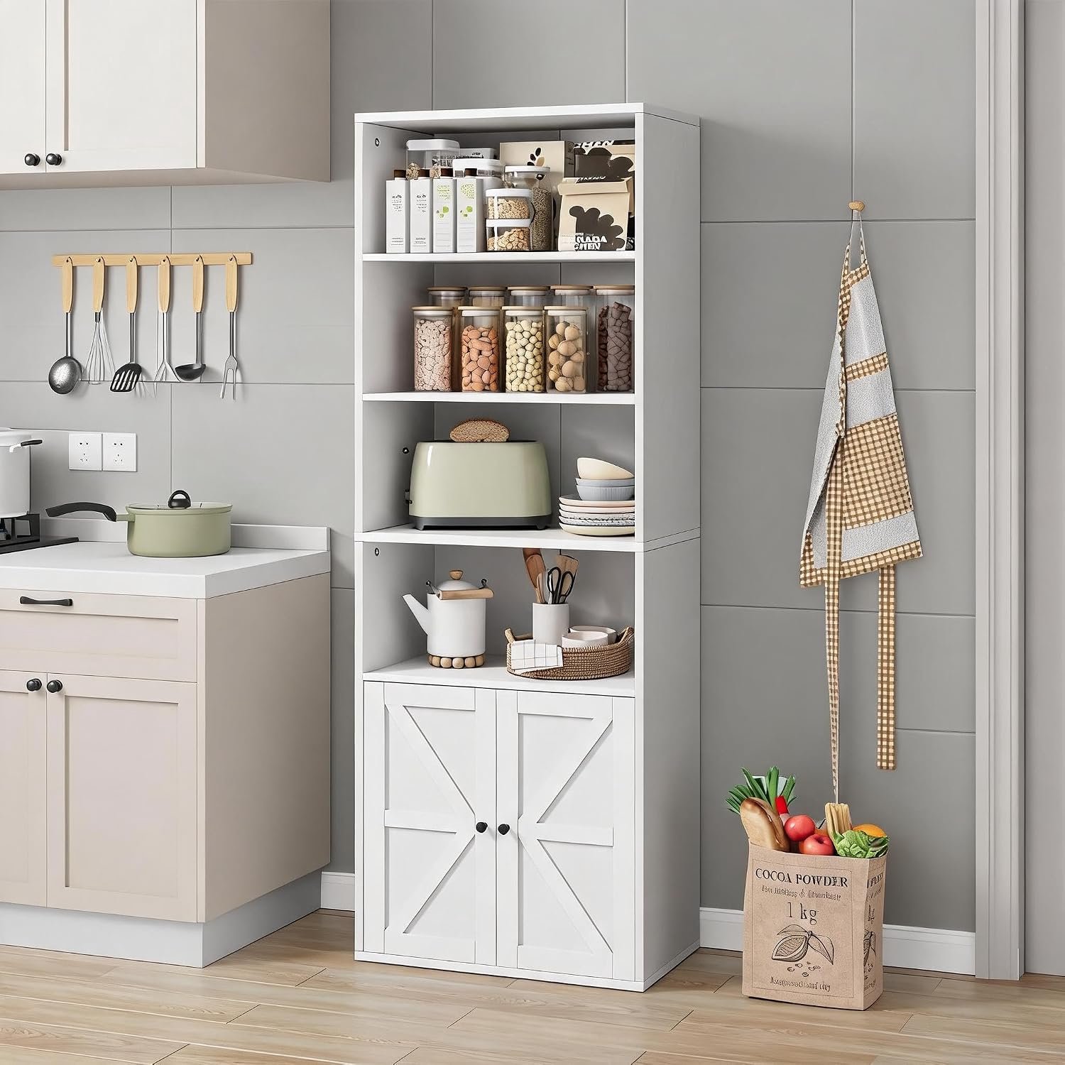 HOERFURIY Witte massief houten boekenkast set 2 stuks, rustiek schuurdesign X schuifdeuren, 181 cm hoog