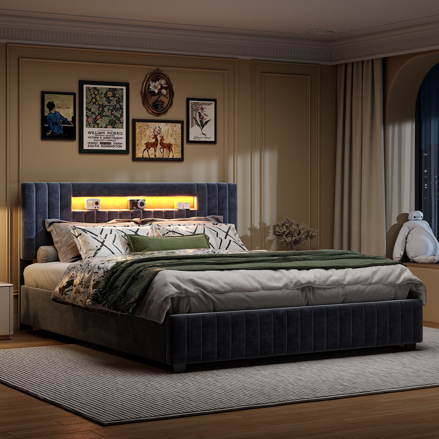 Yelenaro Gestoffeerd bed 140x200 cm met LED, Tweepersoons bed met Hydraulisch Opbergruimte, Jeugdbed met Opbergruimte in het Hoofdeinde, Fluweel Grijs