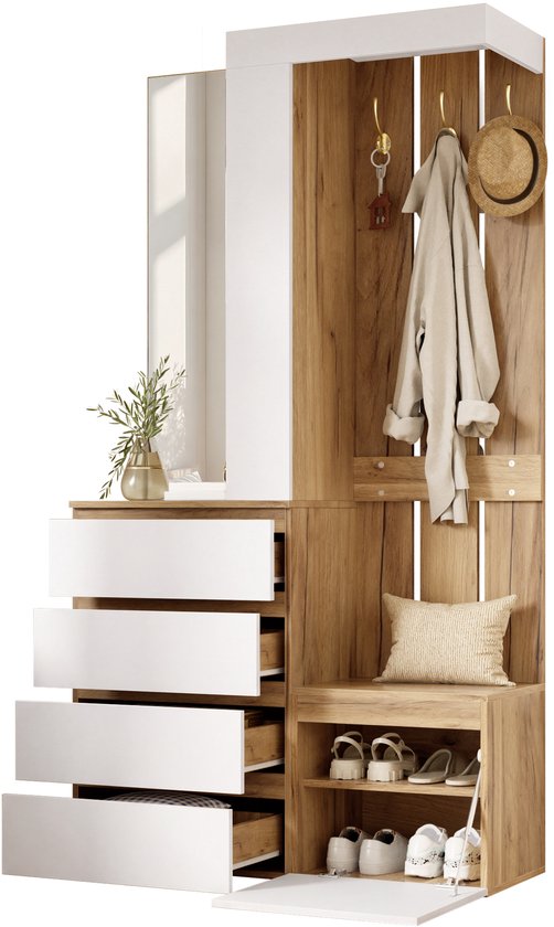 Halmeubel met open lades en schoenenvak, houten frame en witte accenten.