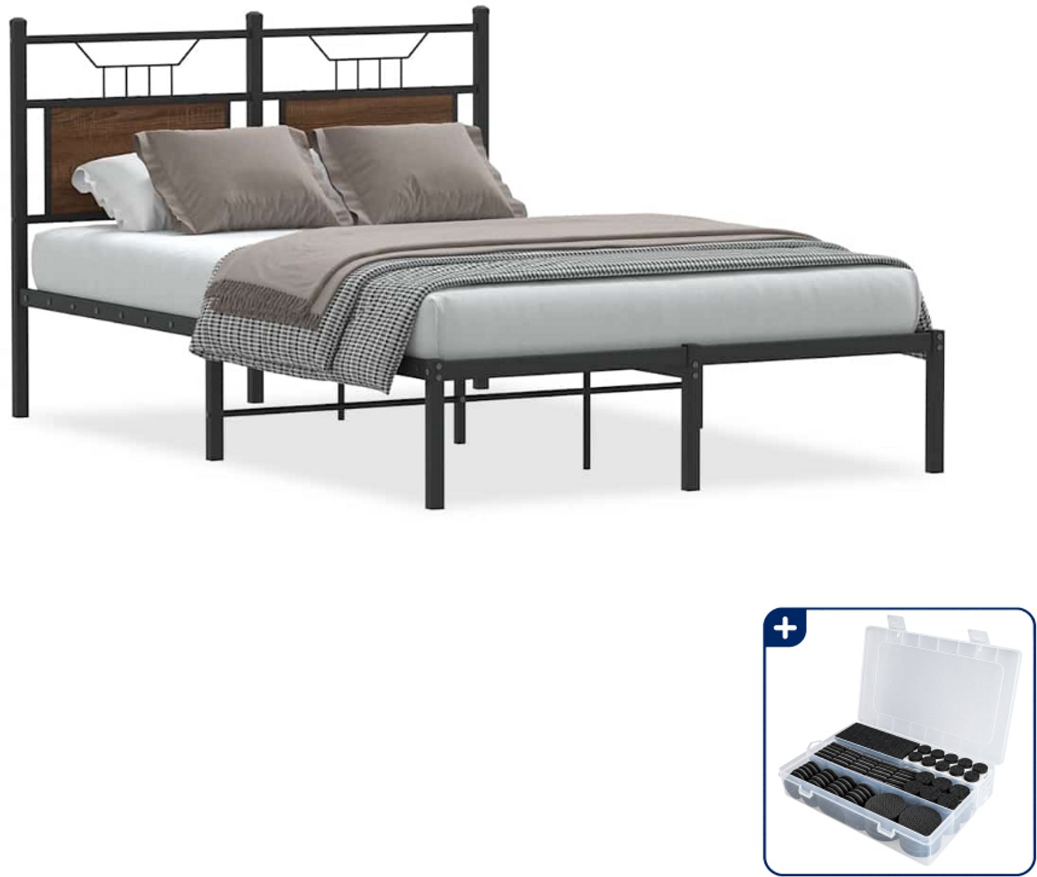 vidaXL bedframe - 120 x 200 cm - bewerkt hout en staal - bruin eiken - Inclusief antikrasvilt 177-delig