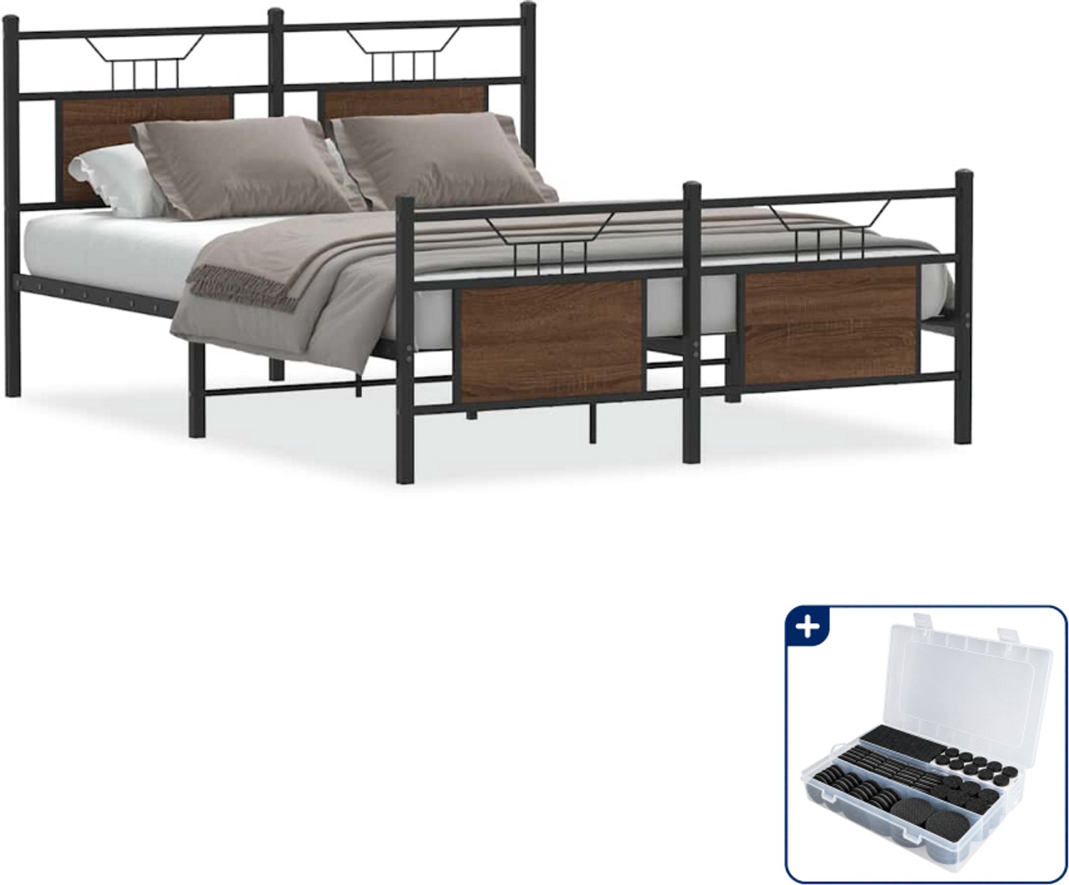 vidaXL Bedframe - 137 x 190 cm - bewerkt hout en staal - bruin eiken - Inclusief antikrasvilt 177-delig