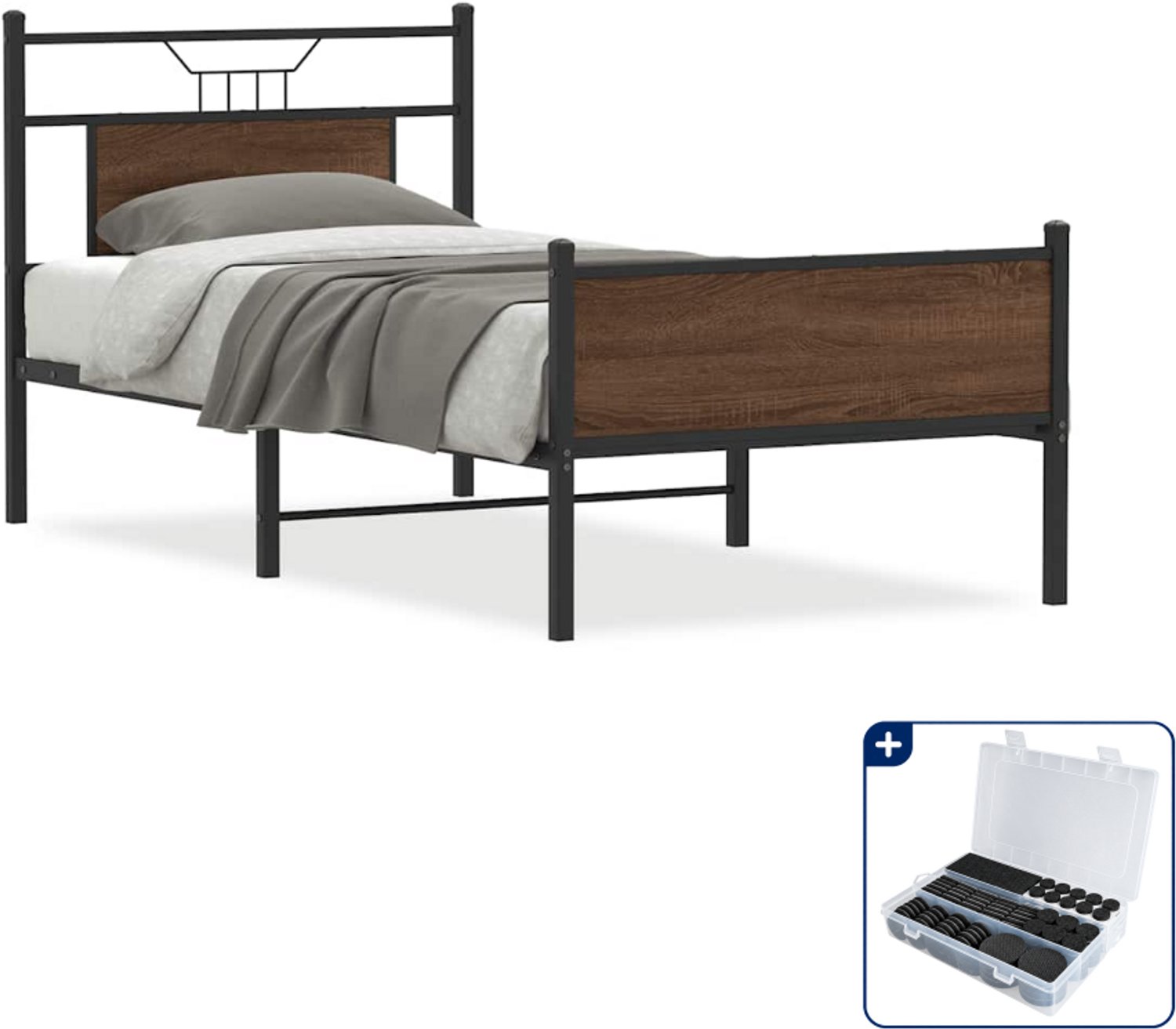 vidaXL Bedframe - 75 x 190 cm - bewerkt hout en staal - bruineiken - Inclusief antikrasvilt 177-delig