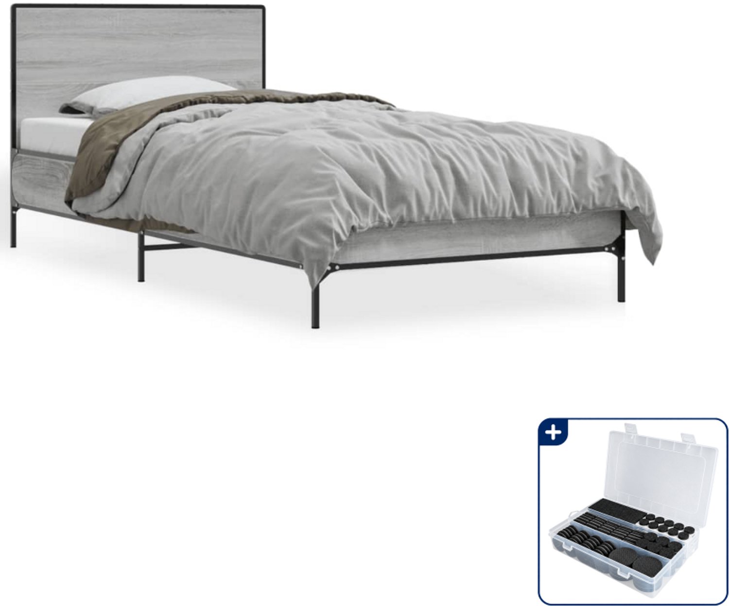vidaXL Bedframe - 90 x 200 cm - bewerkt hout en metaal - grijs sonoma - Inclusief antikrasvilt 177-delig