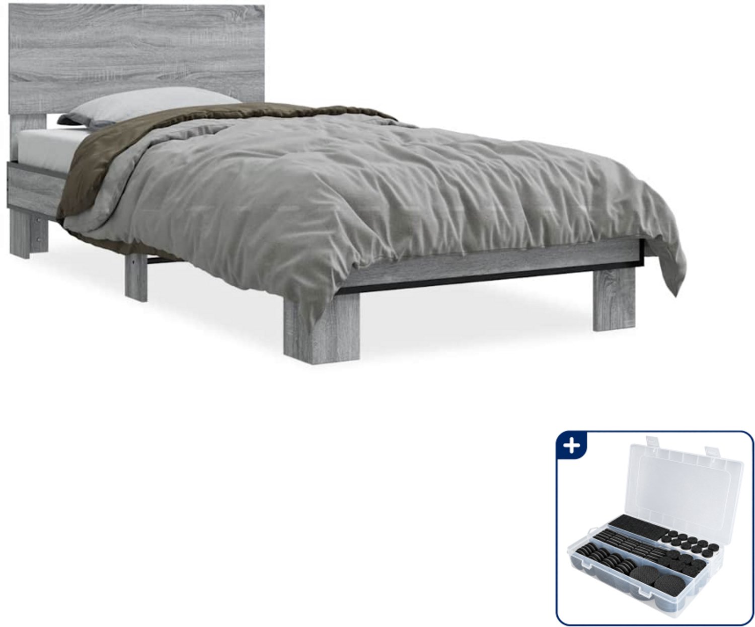 vidaXL bedframe - 75 x 190 cm - bewerkt hout en metaal - grijs sonoma eiken - Inclusief antikrasvilt 177-delig