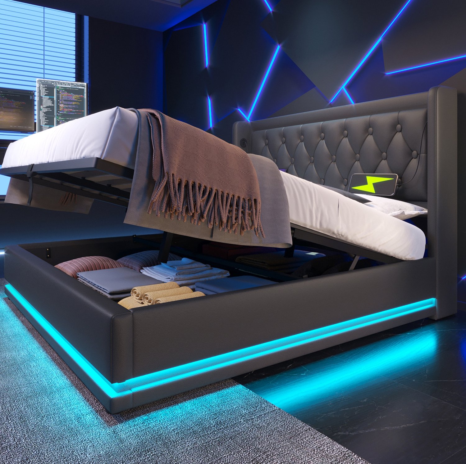 Maisentiel Gestoffeerd bed 140 x 200 cm zwart – opbergruimte, LED en USB-C