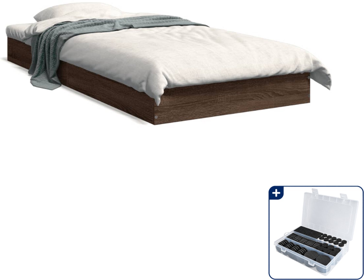 vidaXL bedframe - 75 x 190 cm - bewerkt hout - bruin eiken - Inclusief antikrasvilt 177-delig