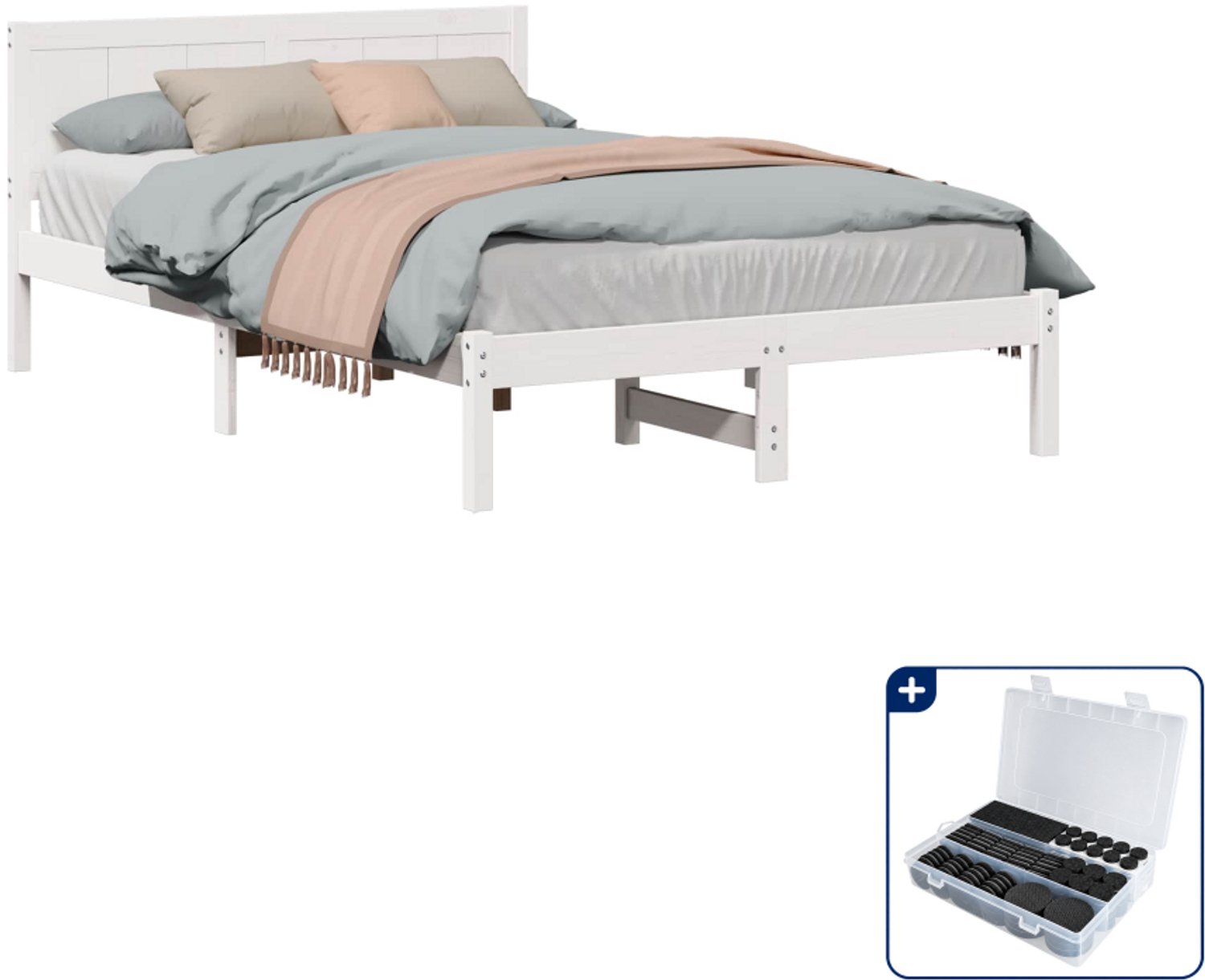 vidaXL bedframe - 135 x 190 cm - massief grenenhout - wit - Inclusief antikrasvilt 177-delig