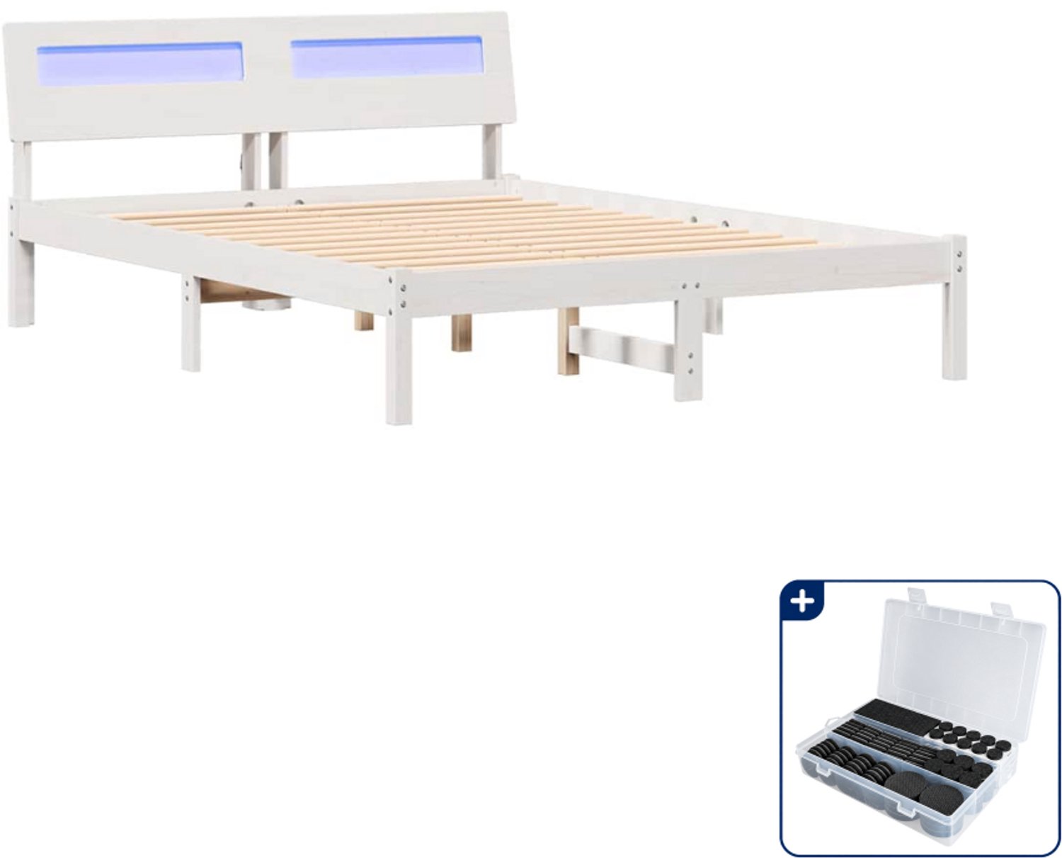 vidaXL bedframe met hoofdeinde - 120 x 190 cm - massief hout - wit - Inclusief antikrasvilt 177-delig