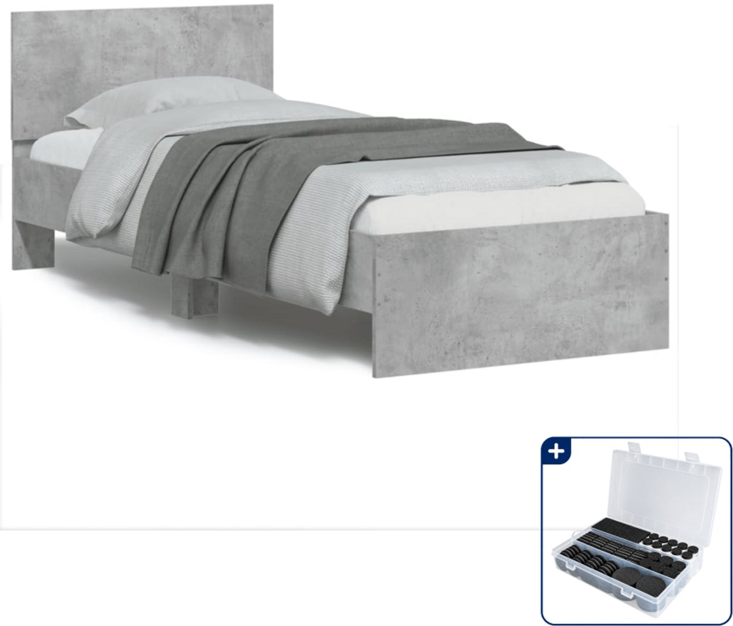 vidaXL bedframe - 90 x 190 cm - bewerkt hout - betongrijs - Inclusief antikrasvilt 177-delig