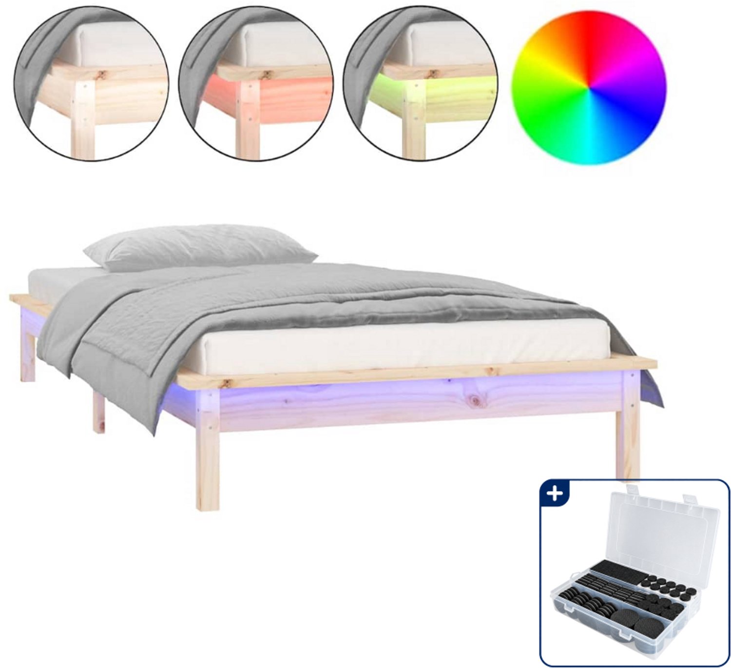 vidaXL bedframe met LED - 90 x 200 cm - massief grenenhout - Inclusief antikrasvilt 177-delig Bruin