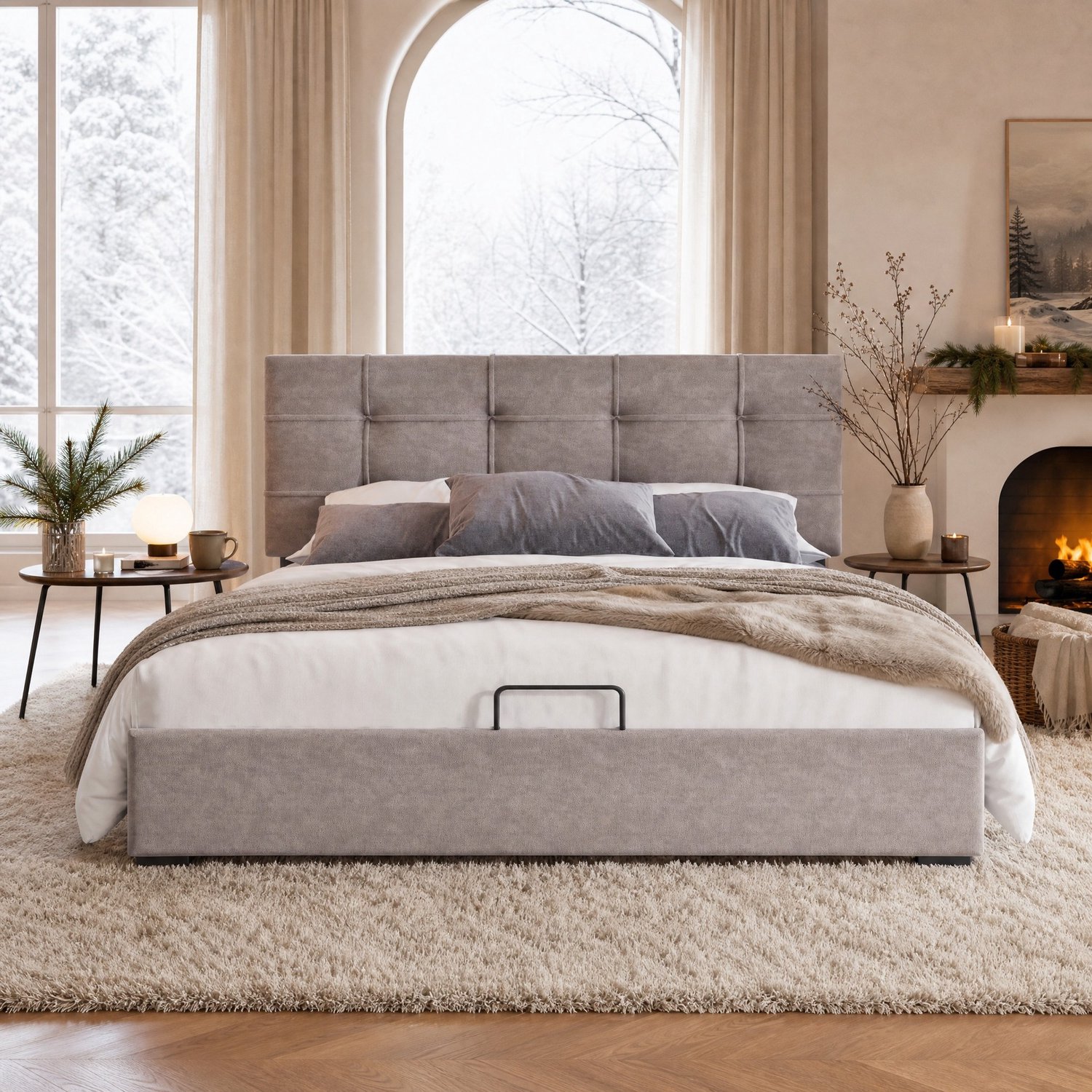 Maisentiel Gestoffeerd tweepersoonsbed 140 x 200 cm met opbergruimte en verstelbaar hoofdeinde – lichtgrijs