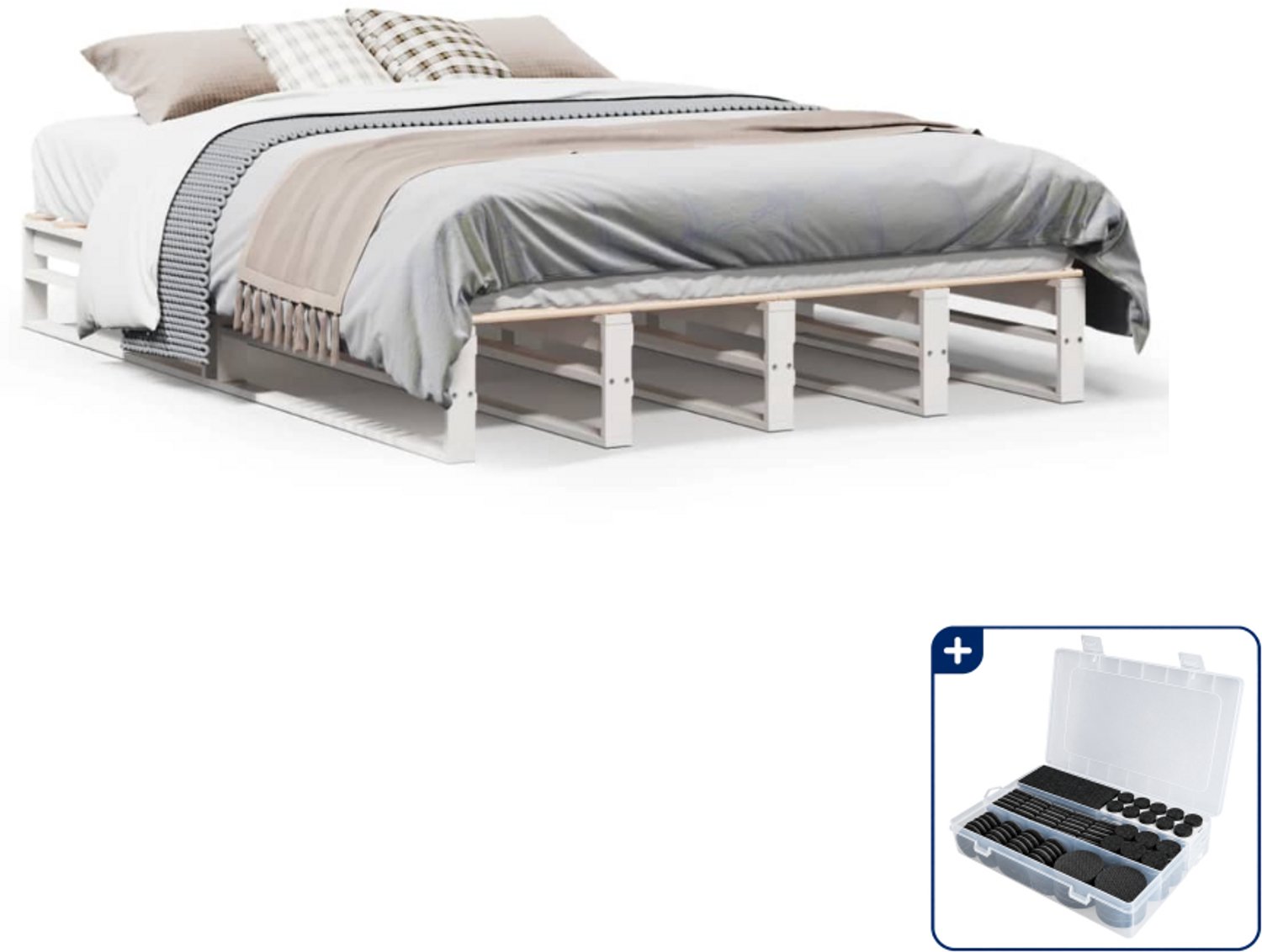 vidaXL bedframe - 135 x 190 cm - massief grenenhout - wit - Inclusief antikrasvilt 177-delig