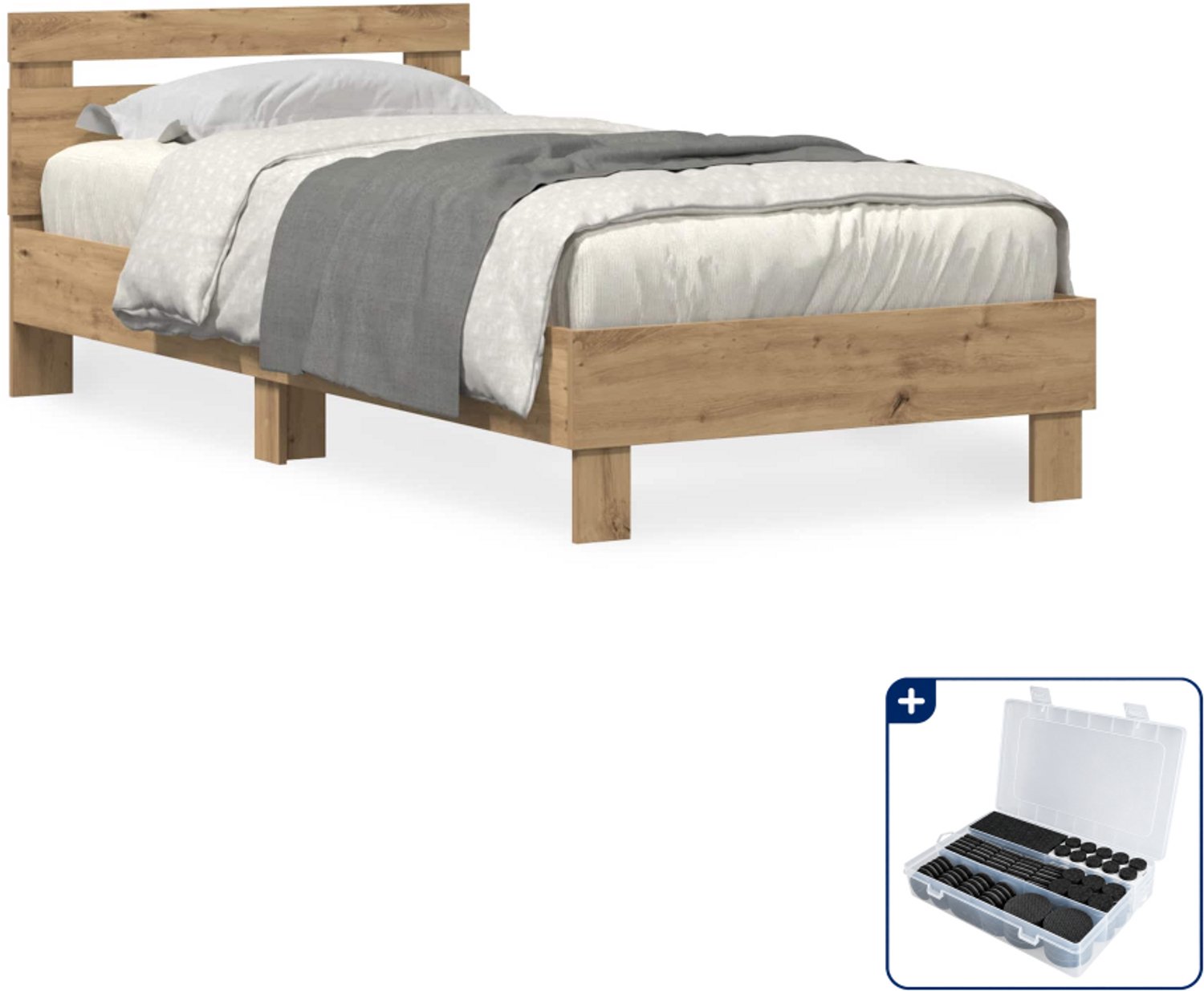 vidaXL bedframe met hoofdeinde - 90 x 190 cm - bewerkt hout - Inclusief antikrasvilt 177-delig Bruin