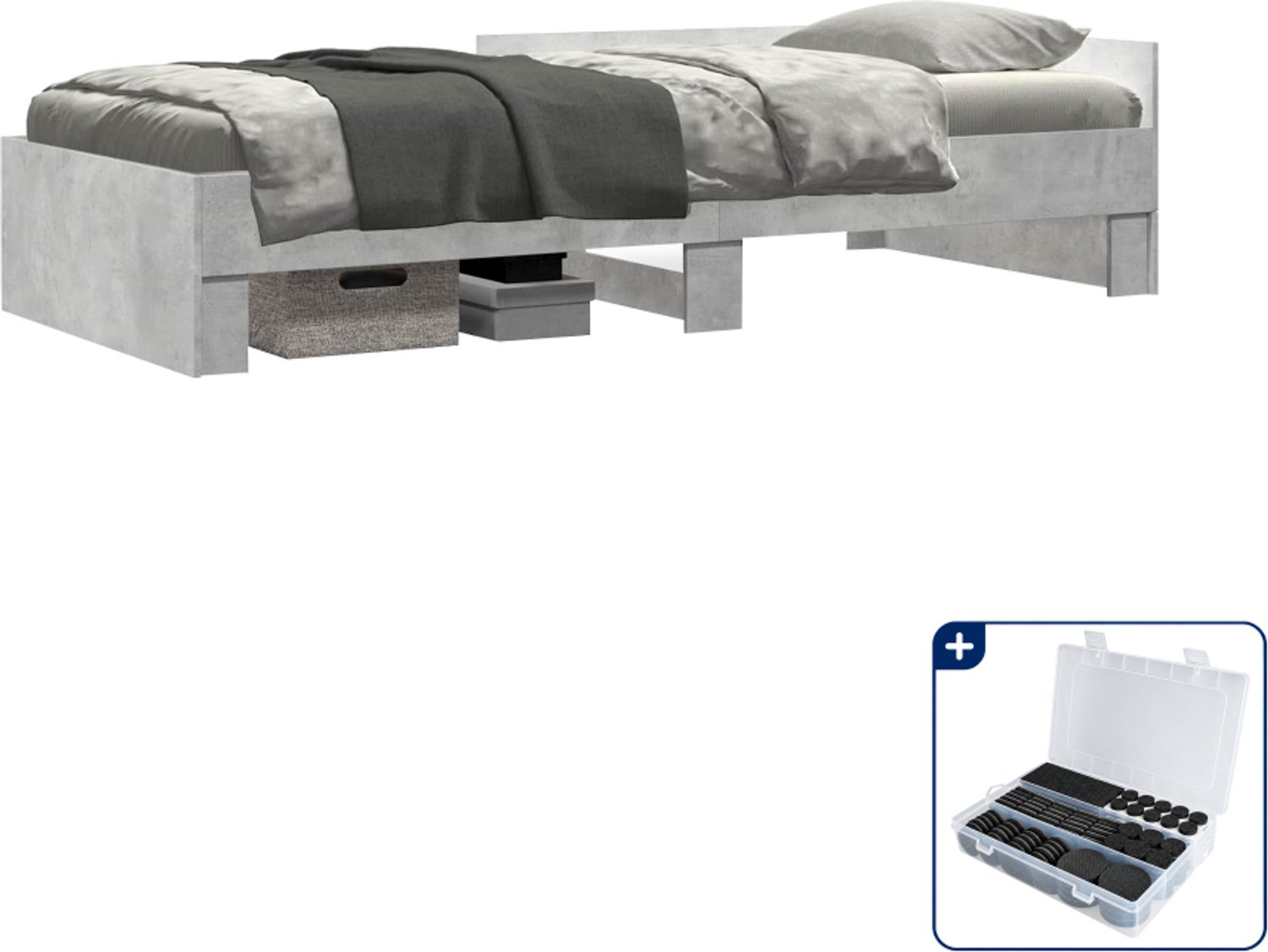 vidaXL bedframe met hoofdeinde - 80 x 200 cm - bewerkt hout - betongrijs - Inclusief antikrasvilt 177-delig