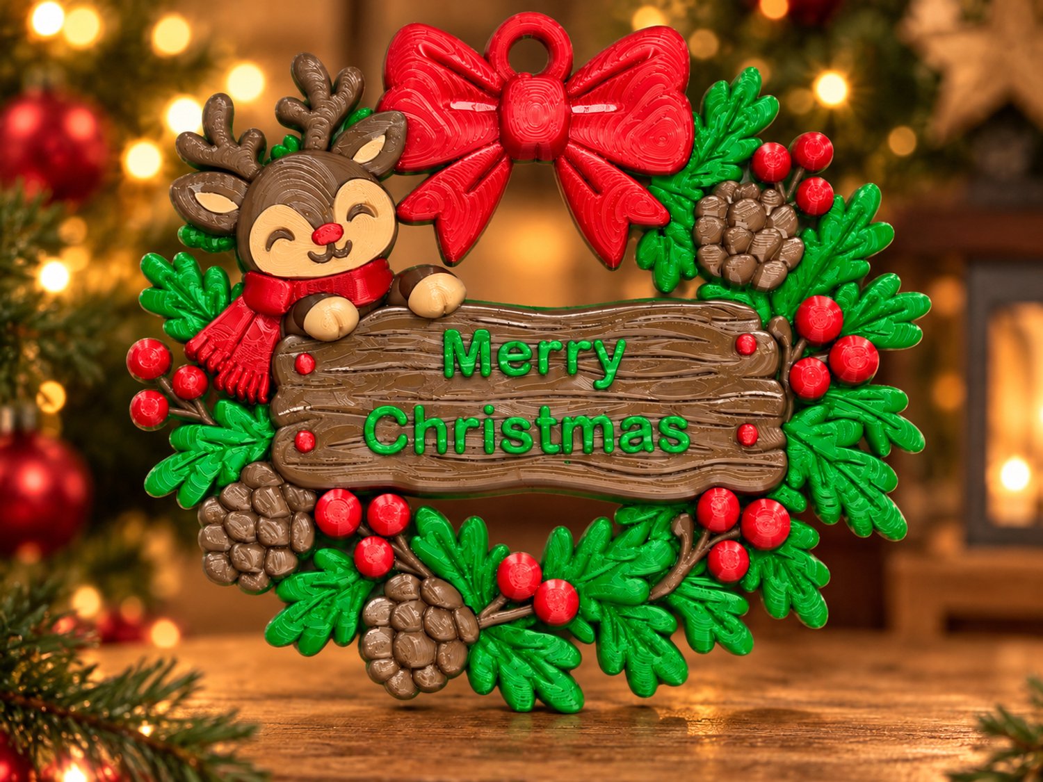 ByNanc - Kerstkrans met Rendier 3D geprint – Merry Christmas – Kerstdecoratie voor Deur en Muur – Feestelijke Kerstversiering