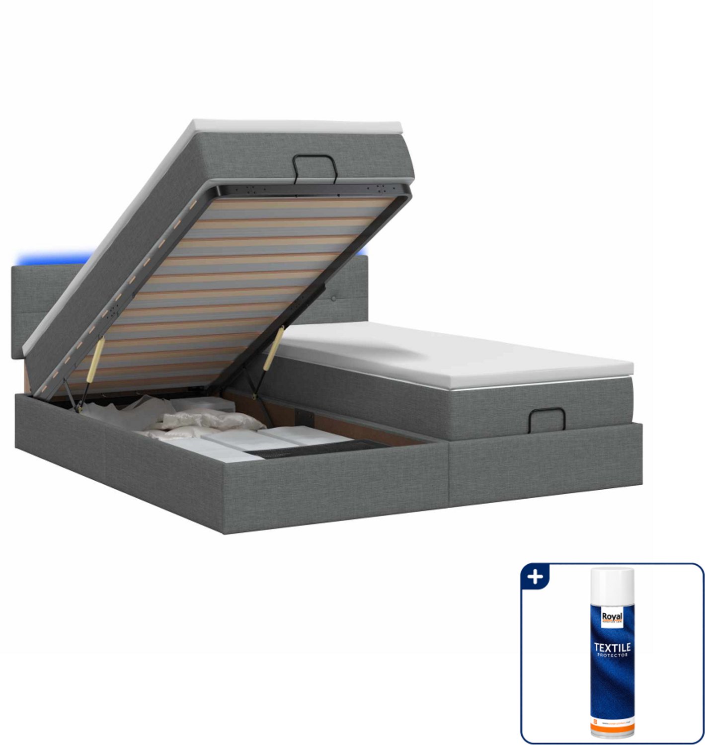 vidaXL Queensize ottoman bed met matras en led - 160 x 200 cm - grijs - Inclusief textielbeschermer 500 ml