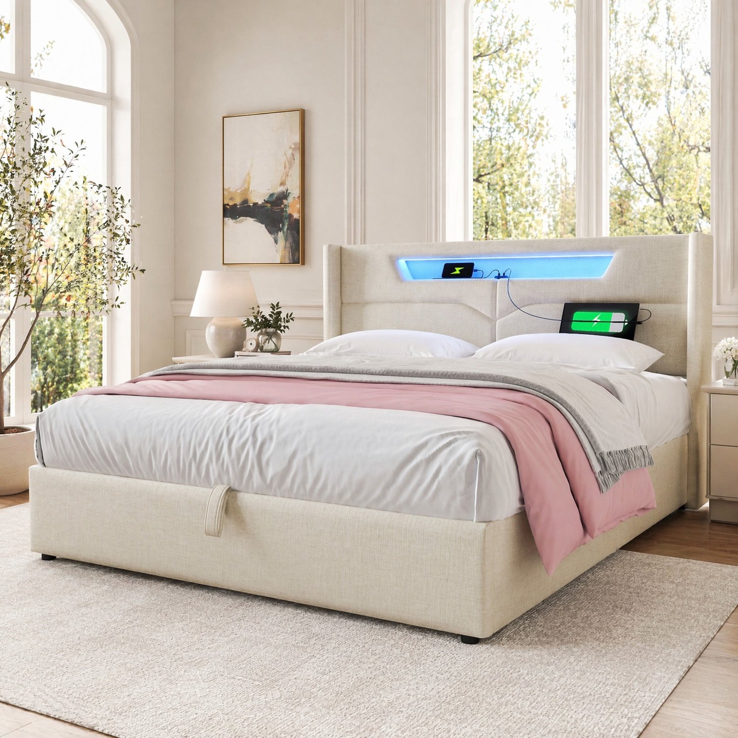Maisentiel Gestoffeerd tweepersoonsbed 160 x 200 cm - LED, USB-C, opbergruimte - beige