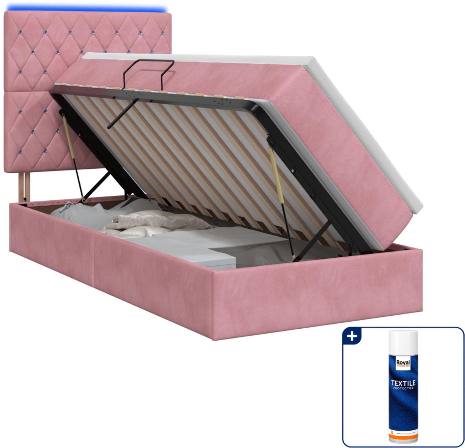 vidaXL led opslagbed met matras - 100 x 200 cm - fluweel - roze - Inclusief textielbeschermer 500 ml