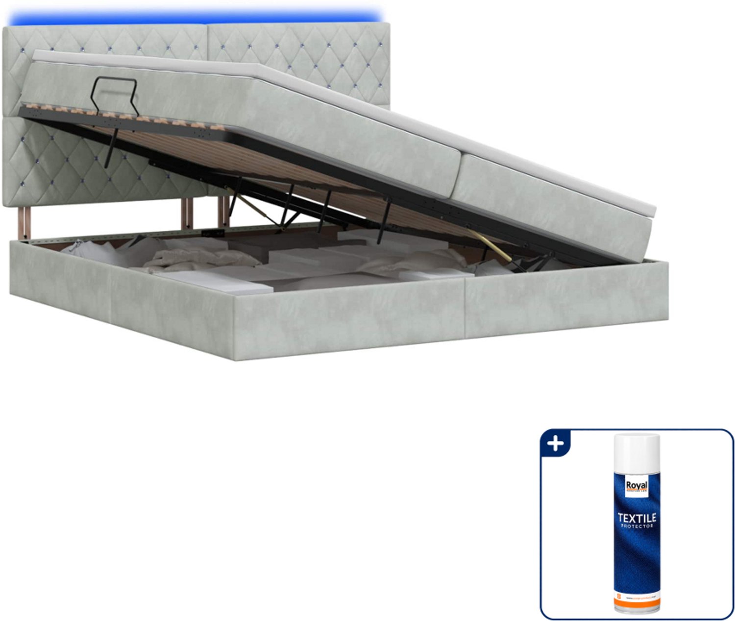 vidaXL led opslagbed met matras - 200 x 200 cm - fluweel - lichtgrijs - Inclusief textielbeschermer 500 ml