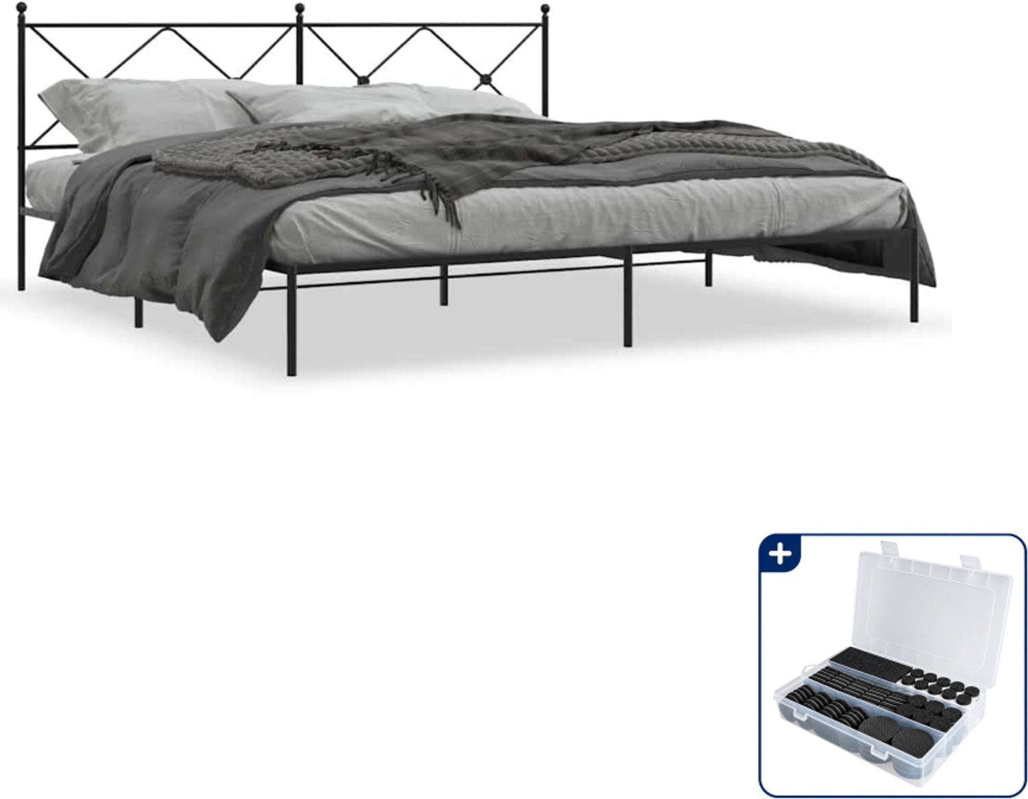 vidaXL Bedframe met hoofdbord - 193 x 203 cm - staal - zwart - Inclusief antikrasvilt 177-delig