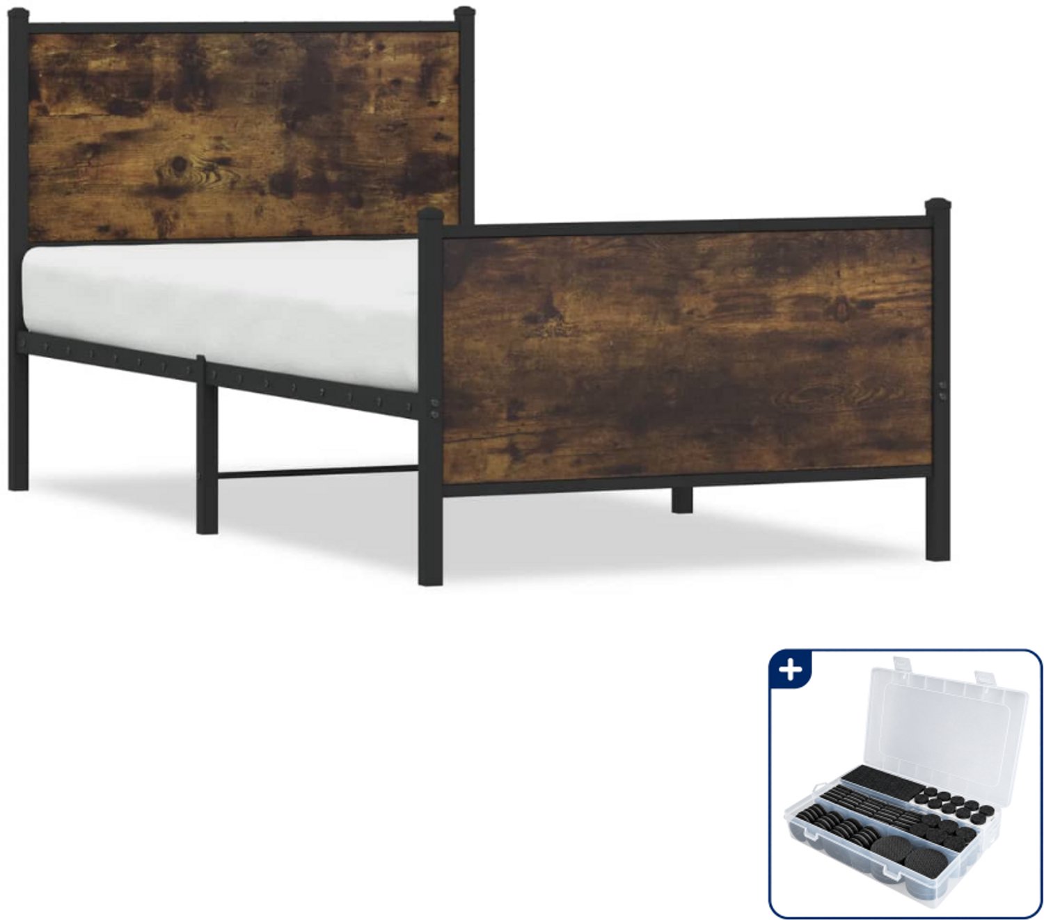 vidaXL Bedframe - 90 x 200 cm - staal en bewerkt hout - gerookt eiken - Inclusief antikrasvilt 177-delig Bruin