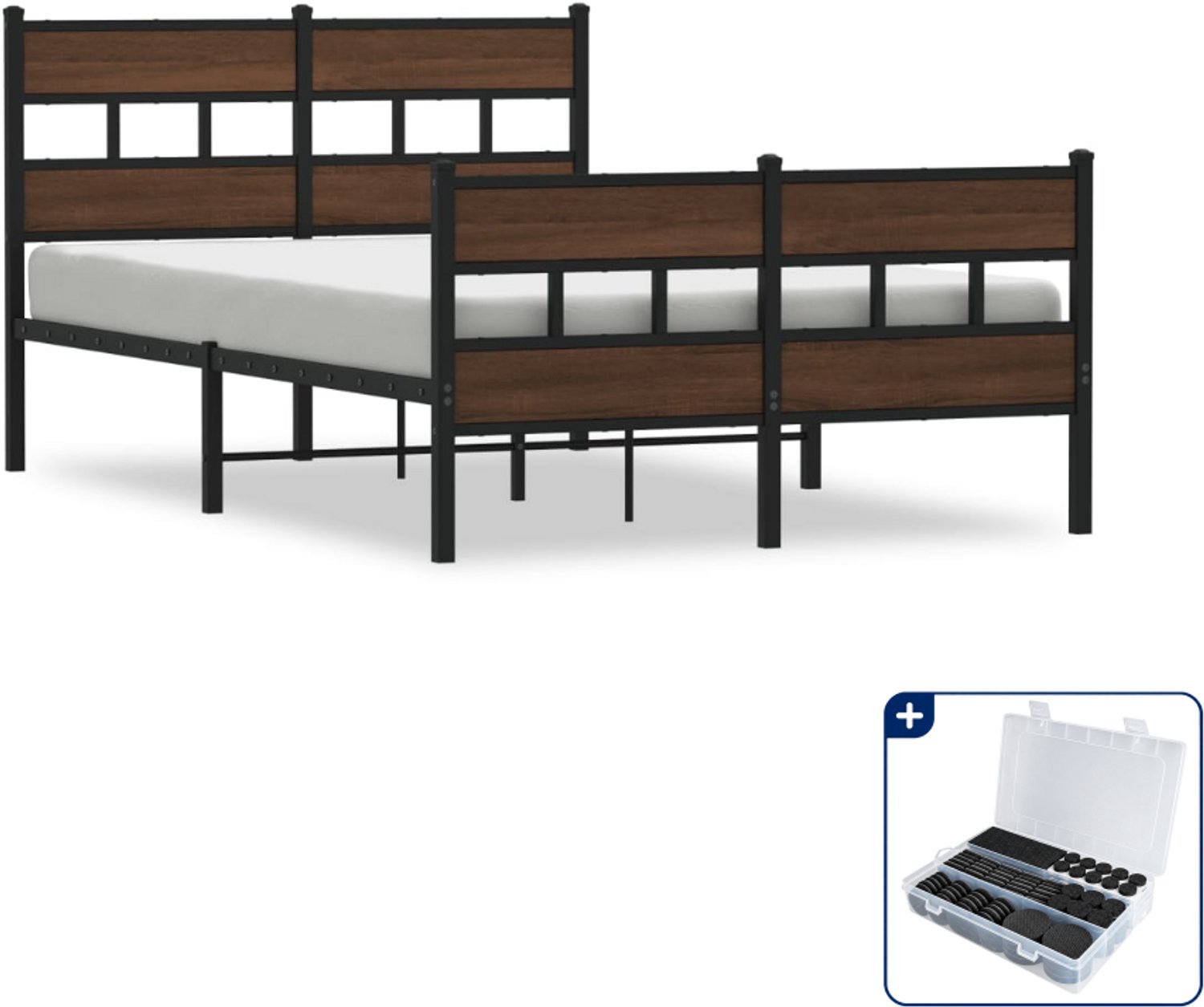 vidaXL bedframe 120 x 200 cm - staal en bewerkt hout - bruineiken - Inclusief antikrasvilt 177-delig
