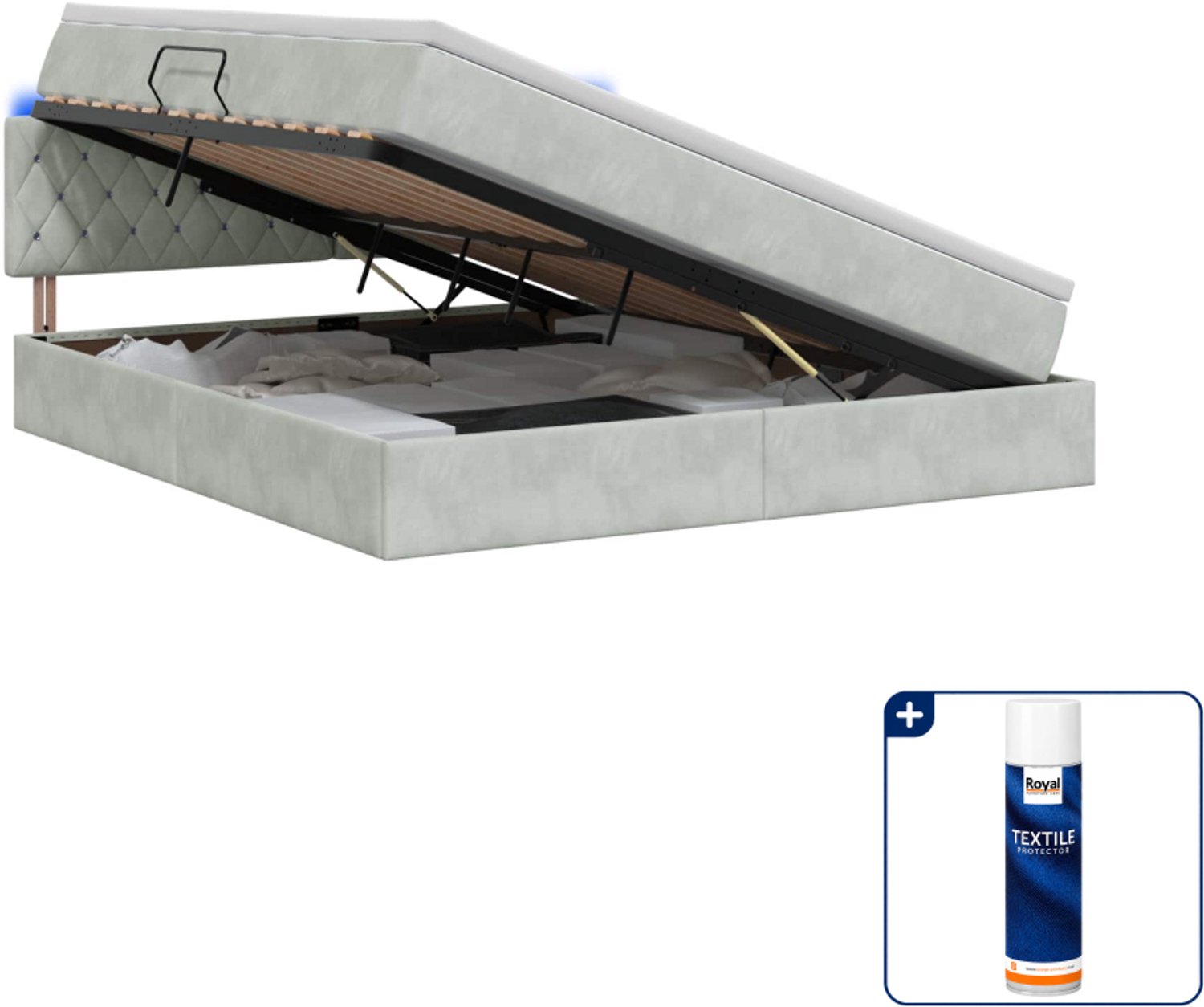 vidaXL Kingsize led-opbergbed met matras - 180 x 200 cm - lichtgrijs - Inclusief textielbeschermer 500 ml