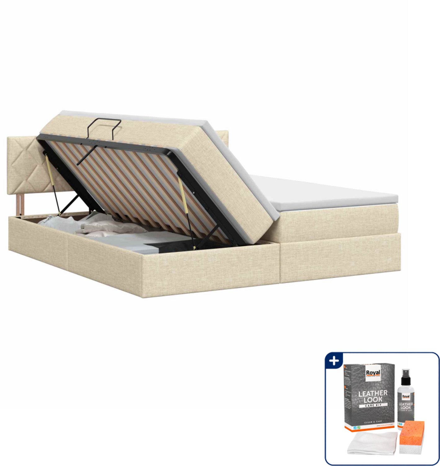 vidaXL opbergbed 200 x 200 cm - kunstleer - crèmekleurig - Inclusief onderhoudsset voor kunstleer 150 ml