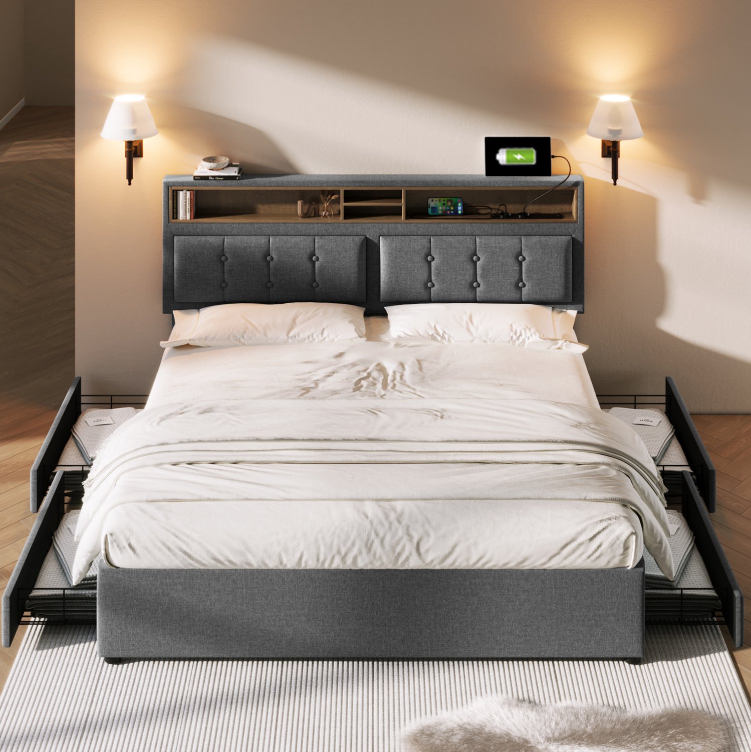 Maisentiel Grijs gestoffeerd tweepersoonsbed 140 x 200 cm met 4 lades en verstelbaar hoofdbord
