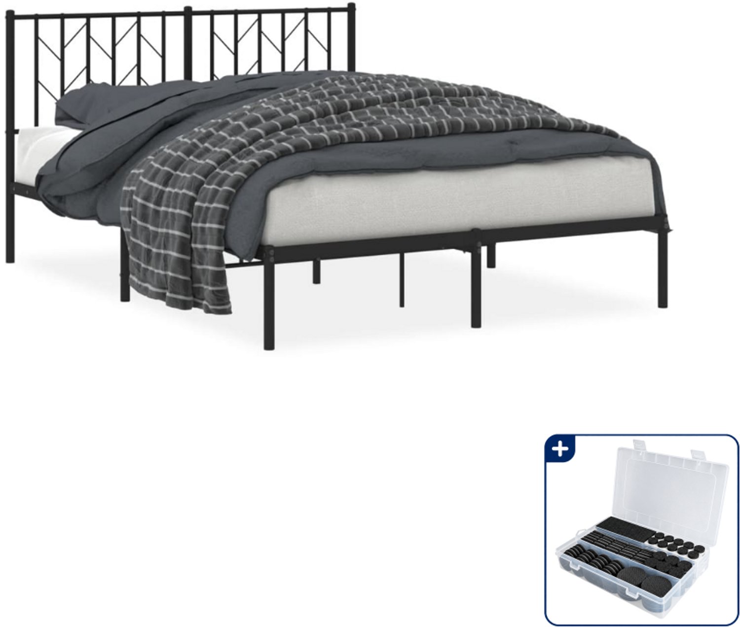 vidaXL bedframe met hoofdbord - 140 x 190 cm - staal - zwart - Inclusief antikrasvilt 177-delig