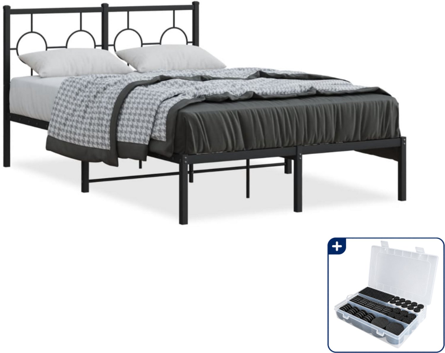 vidaXL bedframe met hoofdbord - 120 x 190 cm - staal - zwart - Inclusief antikrasvilt 177-delig