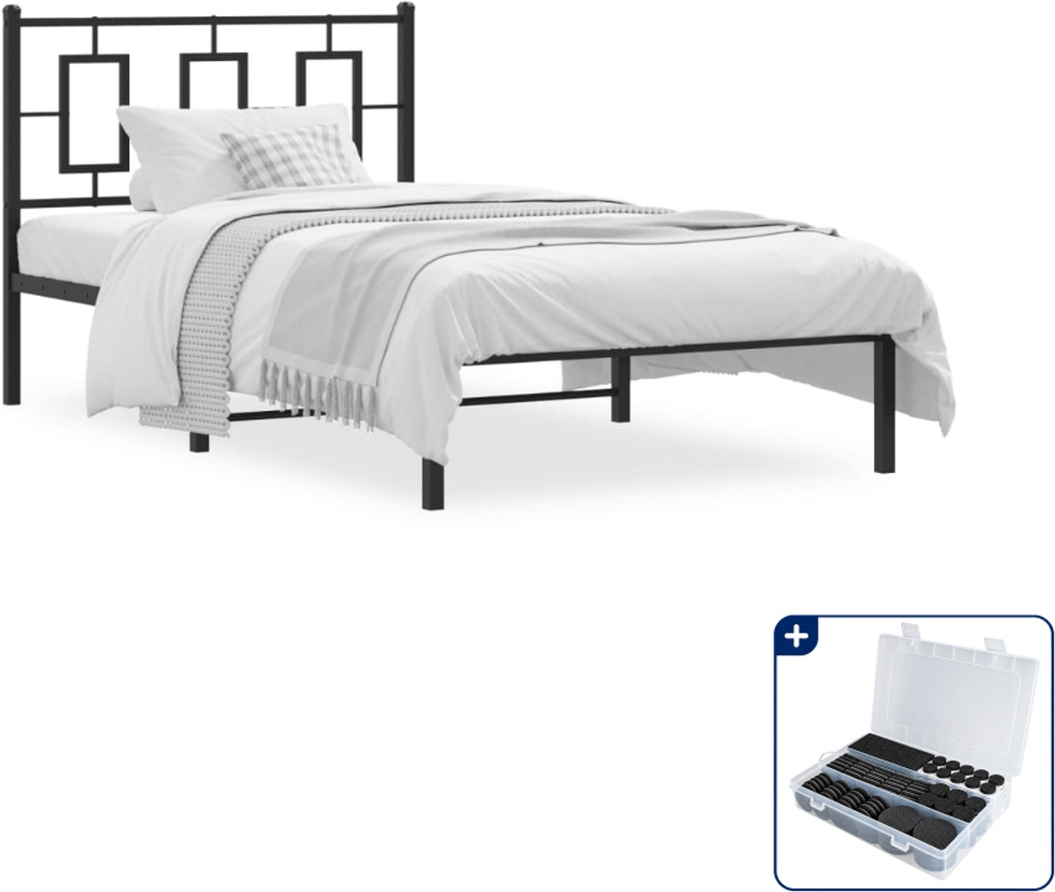 vidaXL bedframe met hoofdbord - 100 x 190 cm - staal - zwart - Inclusief antikrasvilt 177-delig