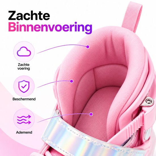 Close-up van de zachte, ademende roze binnenvoering en enkelondersteuning van de rolschaats.