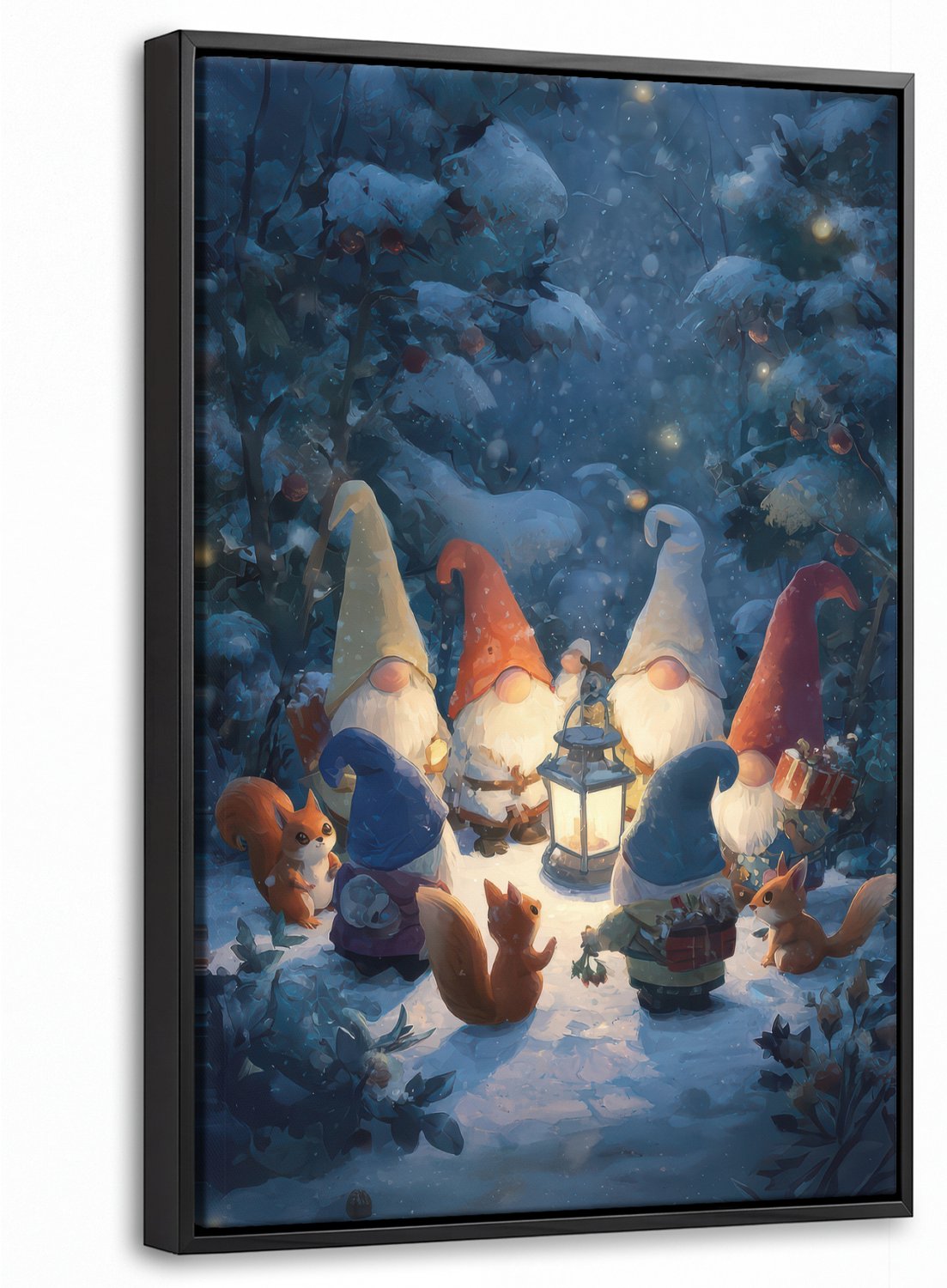 Canvas Schilderij met Baklijst 20x30cm - Winter - Gnooms - Eekhoorns - Meerkleurig - Muurdecoratie woonkamer - Slaapkamer decoratie - Kamer accessoires - Schilderijen op canvas met lijst