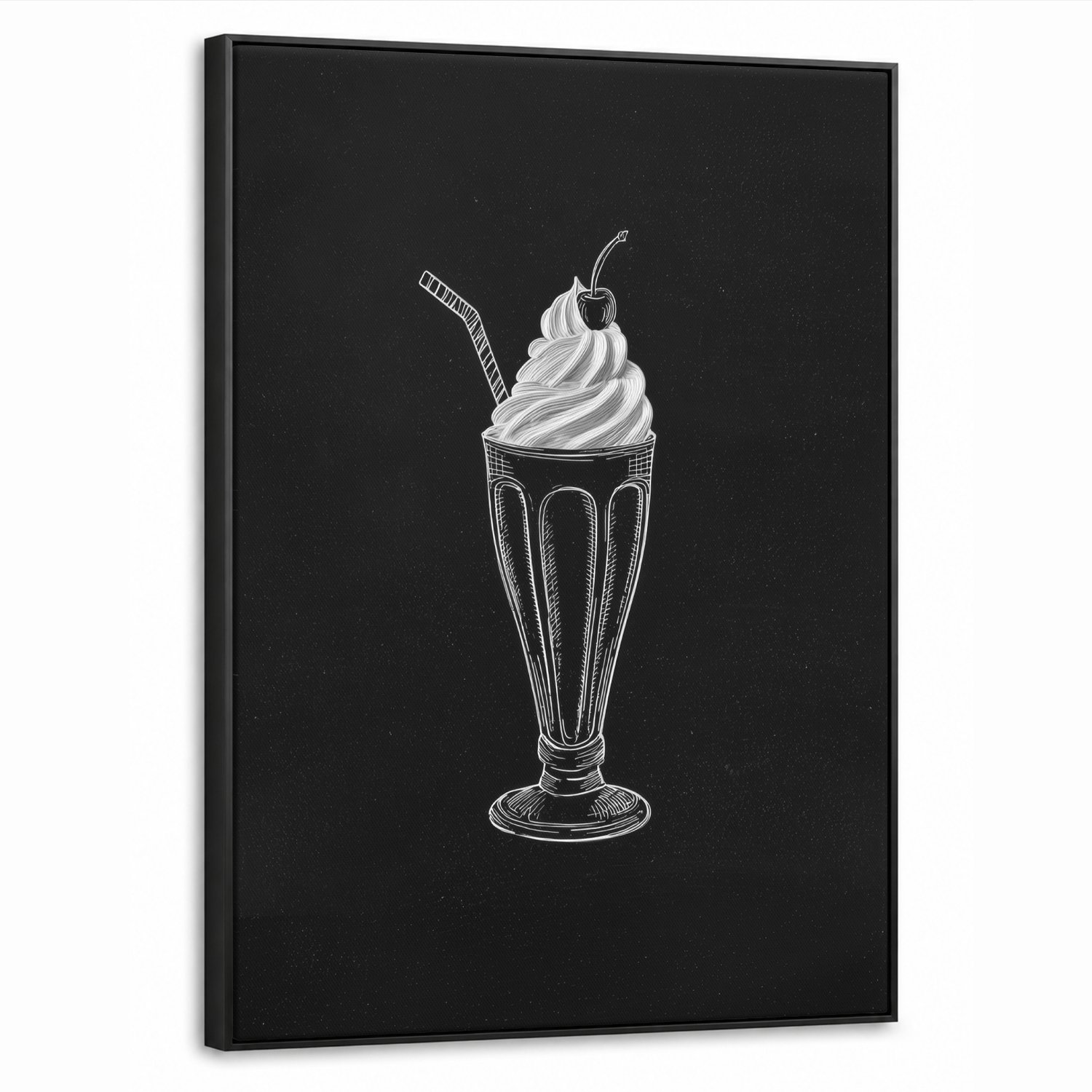 Canvas Schilderij met Baklijst 70x100cm - Ijscoupe - Kers - Krijtstijl - Slagroom - Muurdecoratie woonkamer - Slaapkamer decoratie - Kamer accessoires - Schilderijen op canvas met lijst