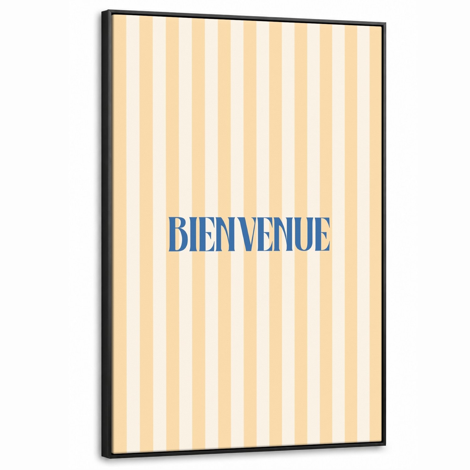 Canvas Schilderij met Baklijst XXL Canvas Schilderij met Baklijst 80x120cm - Blauw - Geel - Strepen - Bienvenue - Muurdecoratie woonkamer - Slaapkamer decoratie - Kamer accessoires - Schilderijen op canvas met lijst groot