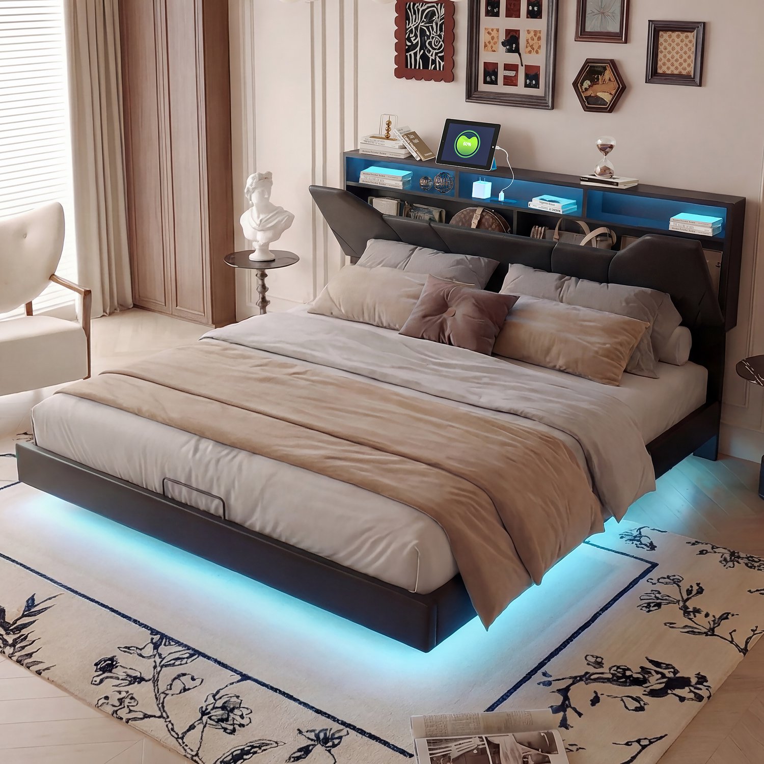 MEXUS Gestoffeerd bed 160x200 cm – Hydraulisch Tweepersoonsbed met Lattenbodem, LED Verlichting, USB Stopcontact - Opbergbed met Verstelbaar Hoofdeinde – PU Zwart (zonder matras)
