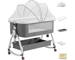 Co-sleeper babybed – Aanschuifbedje- Baby Wieg - 6 hoogtestanden 40-53 cm - 90 x 50 cm - met matras, verschoontafel, muggennet en opbergmand - verrijdbare schommelwieg - grijs