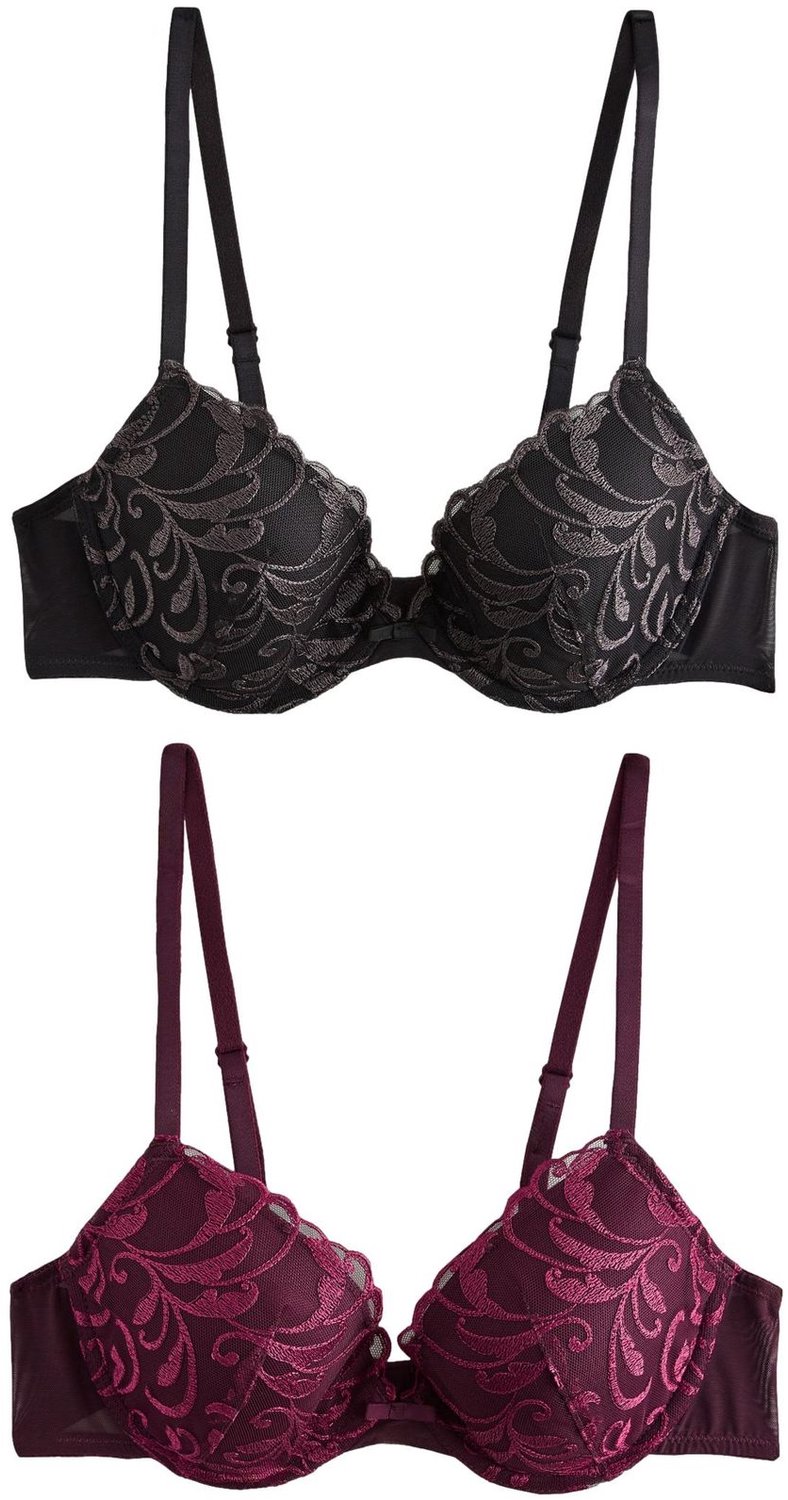 Next Dames - Set van 2 push-up beha's met borduursels en vulling - Zwart Berry/Black
