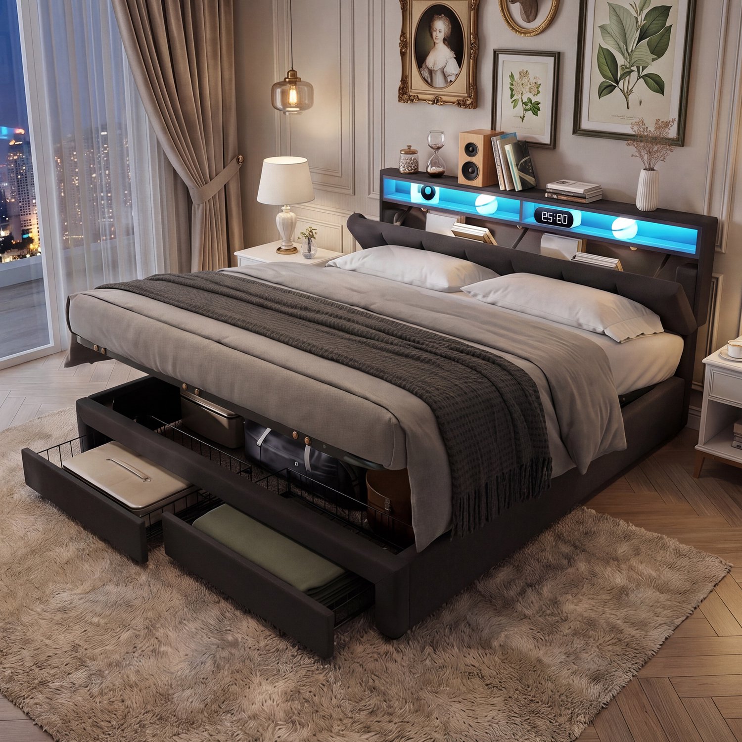 MEXUS Gestoffeerd bed 160x200 cm met LED-verlichting, tweepersoonsbed met opbergruimte en lattenbodem, bedframe met 2 laden, linnen grijs, boxspring bed zonder matras, geschikt als jongerenbed