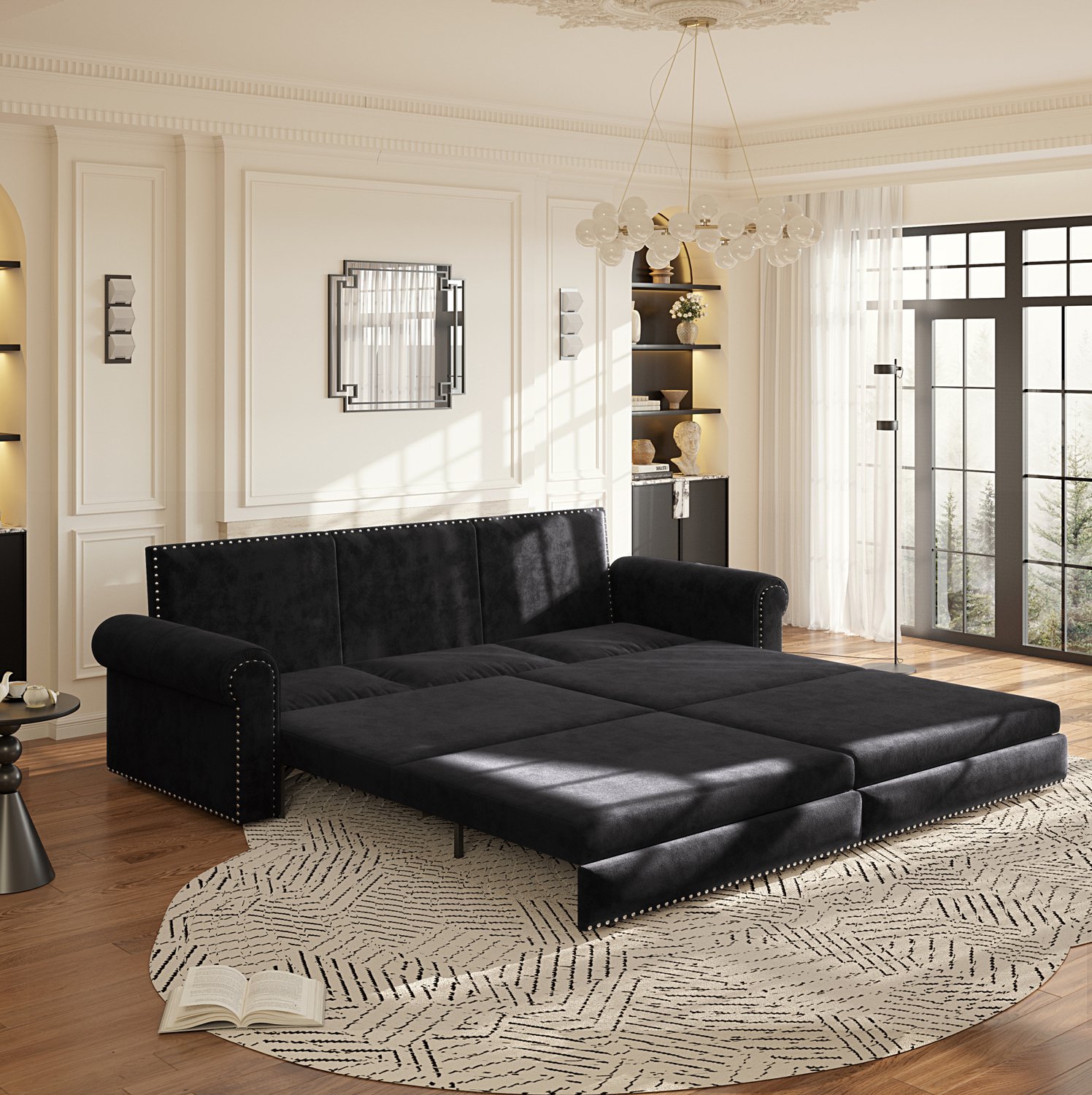 STILVORA Slaapbank 238 cm - Uitschuifbare 3-Zitsbank Voor Zitten, Liggen en Slapen - Woonkamer en Logeerkamer - Fluweel - Zwart