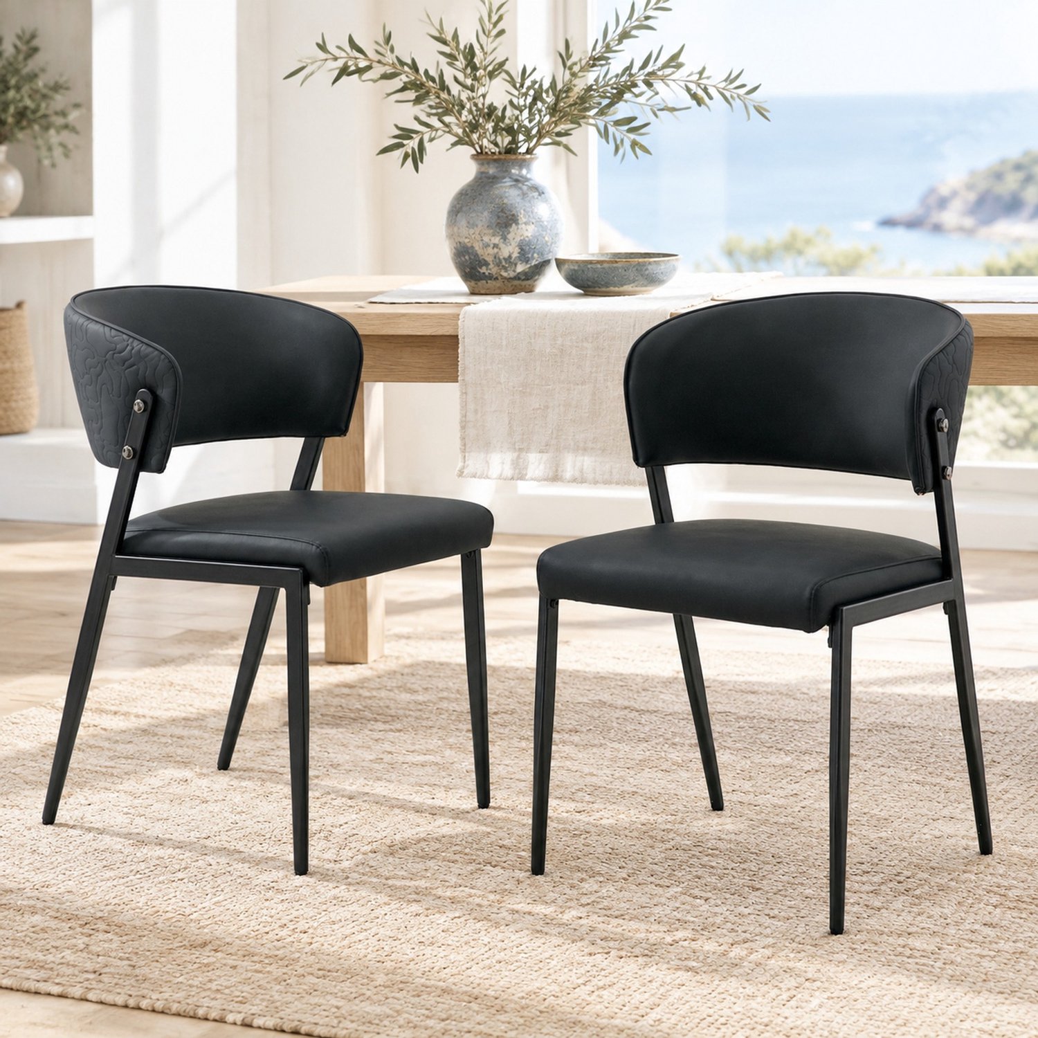 MODFU Eetkamerstoelen Set Van 2 - Gestoffeerde Zitting - Gebogen Rugleuning - Kunstleer - Zwart