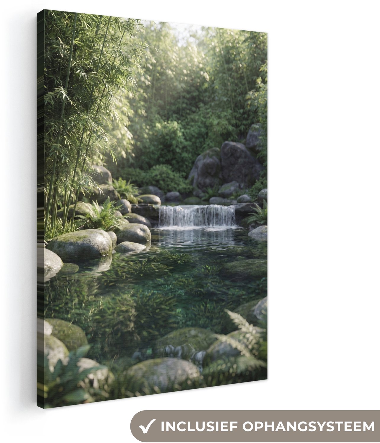 Canvas schilderij 60x90 cm - Exclusieve wanddecoratie Beek - Waterval - Natuur - Groen - Muurdecoratie woonkamer - Slaapkamer decoratie - Kamer accessoires - Schilderijen op canvas