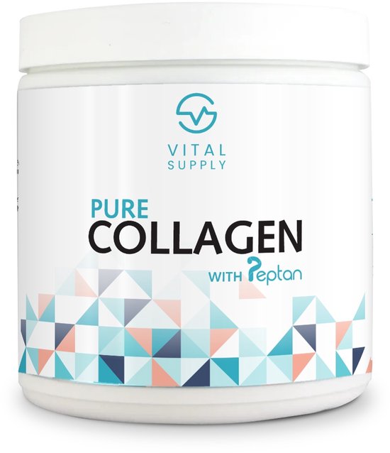 Witte pot Vital Supply Pure Collagen met blauw-roze geometrisch patroon.