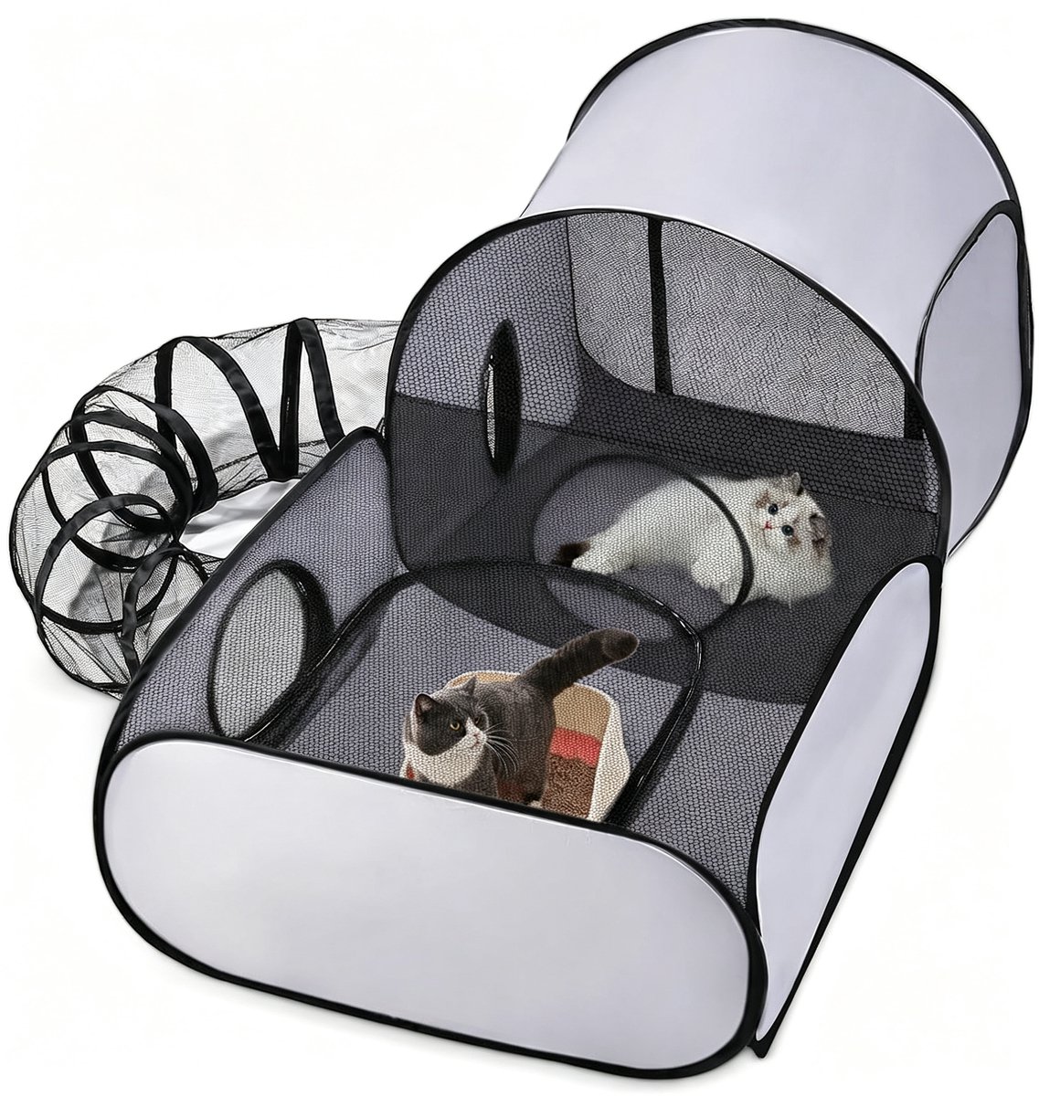 Kattentunnel Opvouwbaar Krasvrij - 3-in-1 Speelset voor Binnen & Buiten met Doorzichtig Gaas